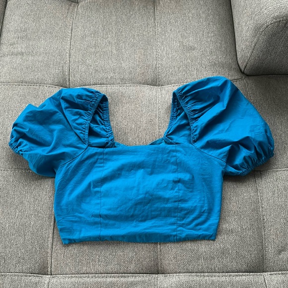 American Threads Blue Puff Sleeve Crop Top - Picture 1 of 3